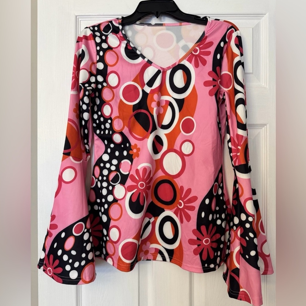 Vibrant Pink and Black Patterned Women's Long Sleeve blouse bell sleeves (1258)